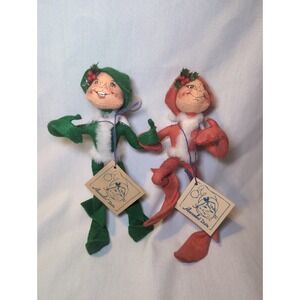 2x Vintage '92-'96 Annalee Pixie Elf Posable Christmas Figures 8" W/ Tag